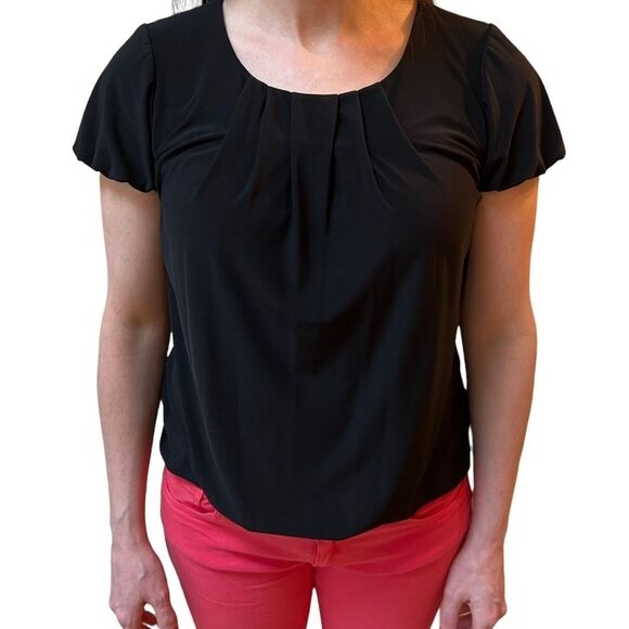 WHBM Black Crew Neck Pleated Blouse - Picture 4 of 12